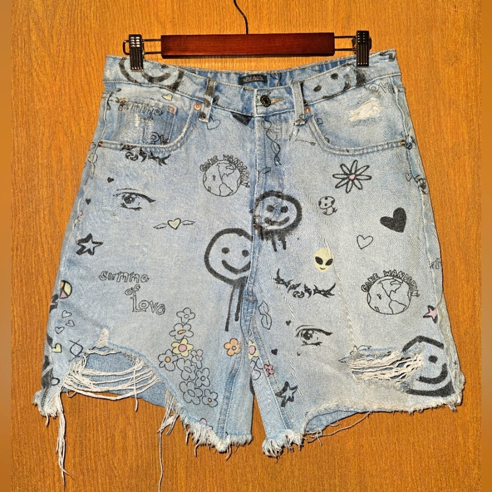 Wild Fable Distressed Wide Legged Denim Shorts with Eccentric Graphic Print 👾